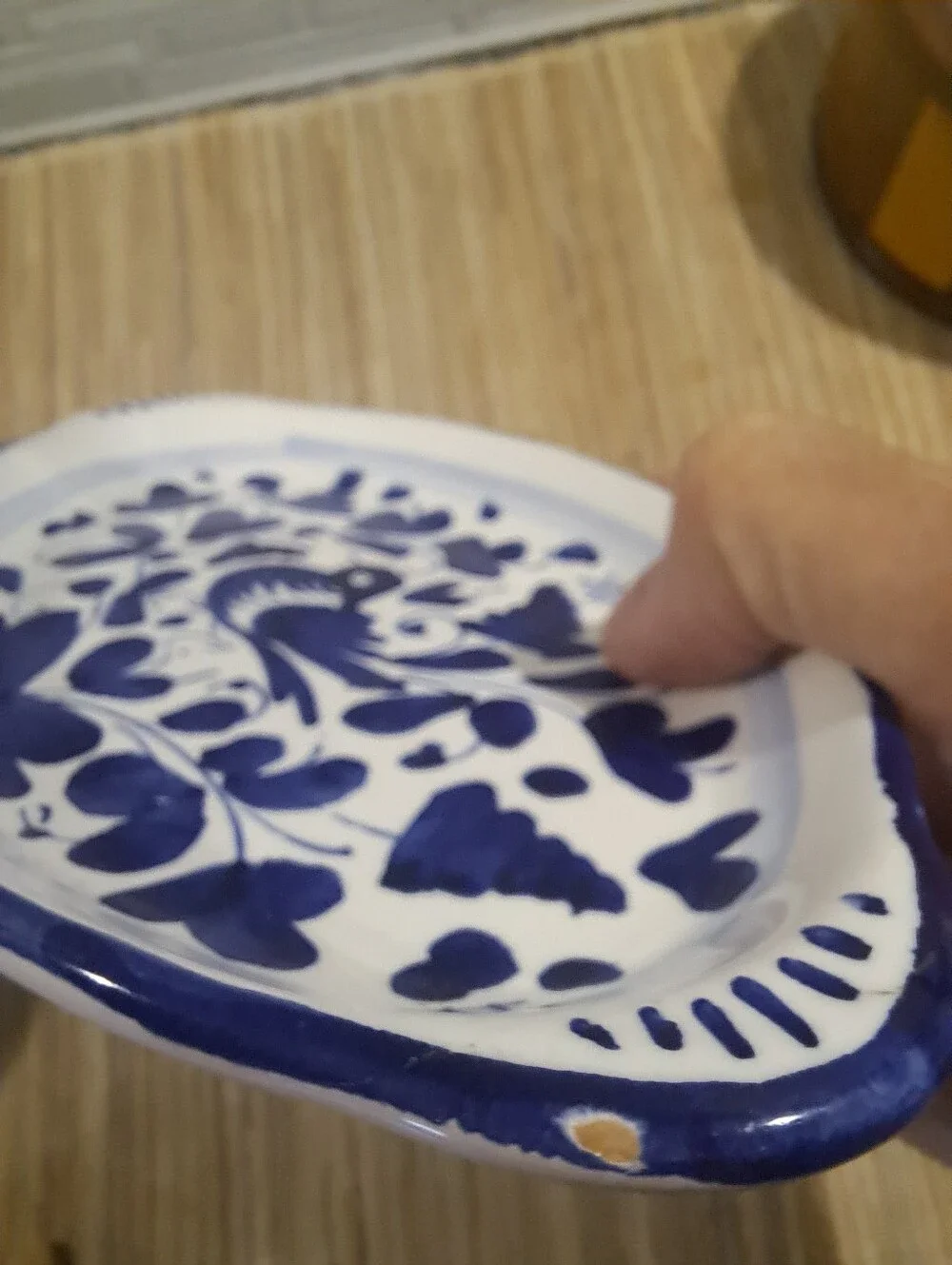 Vtg. Sambuco Pottery Oval Dish Blue/White with Bird & Florals Italy